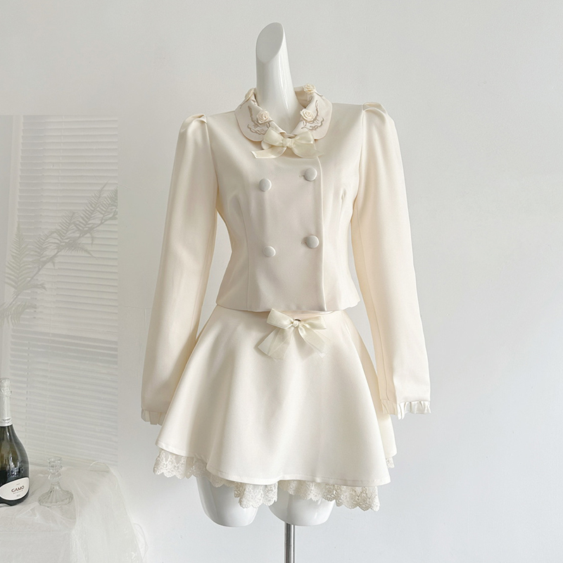 Double Breasted Blazer - 2ピースセット レディース 手作り花柄刺繍ブレザー ダブルブレストジャケットコートとレース付き二重ミニスカート