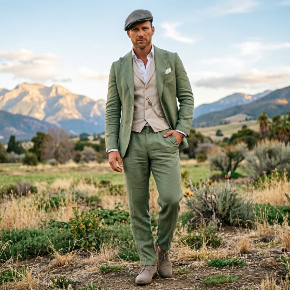 Men Formal Party Wear Outfit - セージグリーンのリネンメンズ3ピーススーツ、通気性のあるスリムフィット、夏のビーチフォーマルウェア、結婚式、ビジネスパーティー、その他の機会に最適な衣装