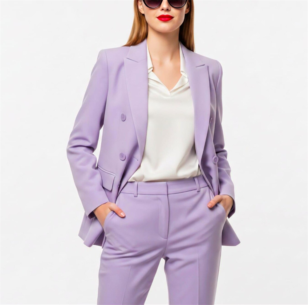 Double Breasted Blazer - 現代女性用スーツ 2ピース ラベンダー ダブルブレスト パンツスーツセット テーラード