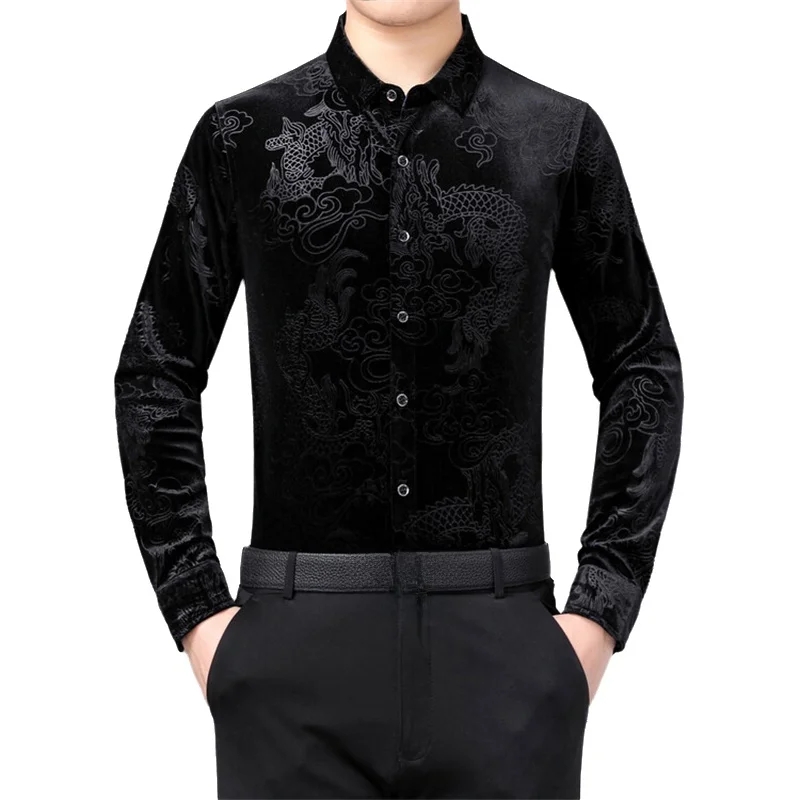Men Formal Party Wear Dress - メンズ長袖シャツ 中国龍柄 伝統的なオリエンタルスタイル カジュアル フォーマル パーティー