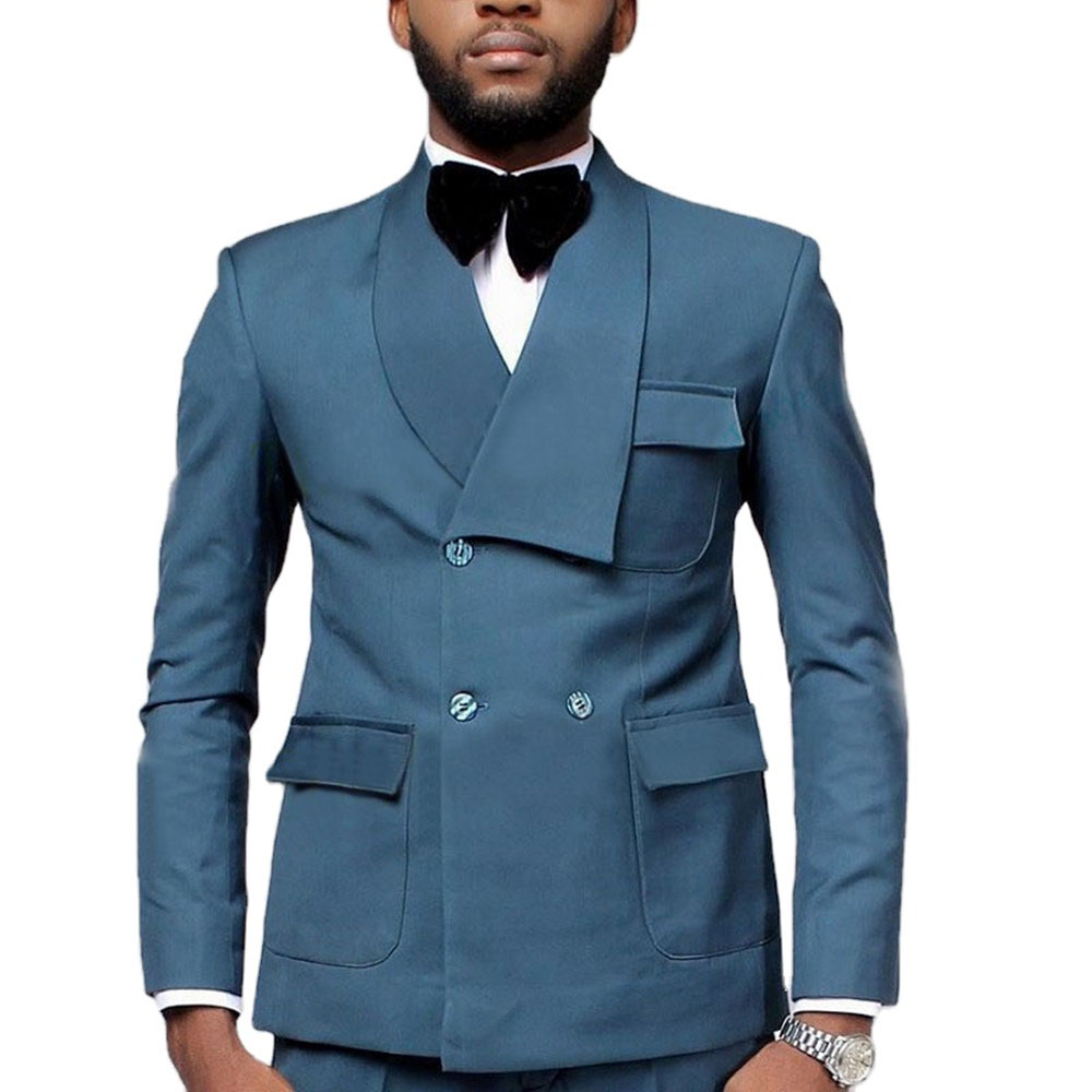 Men Formal Party Wear Dress - 最新デザインのダブルブレストレイクブルーブレザーパンツメンズウェディングスーツセットスリムフィットプロムパーティーウェア2個(ジャケット+パンツ)