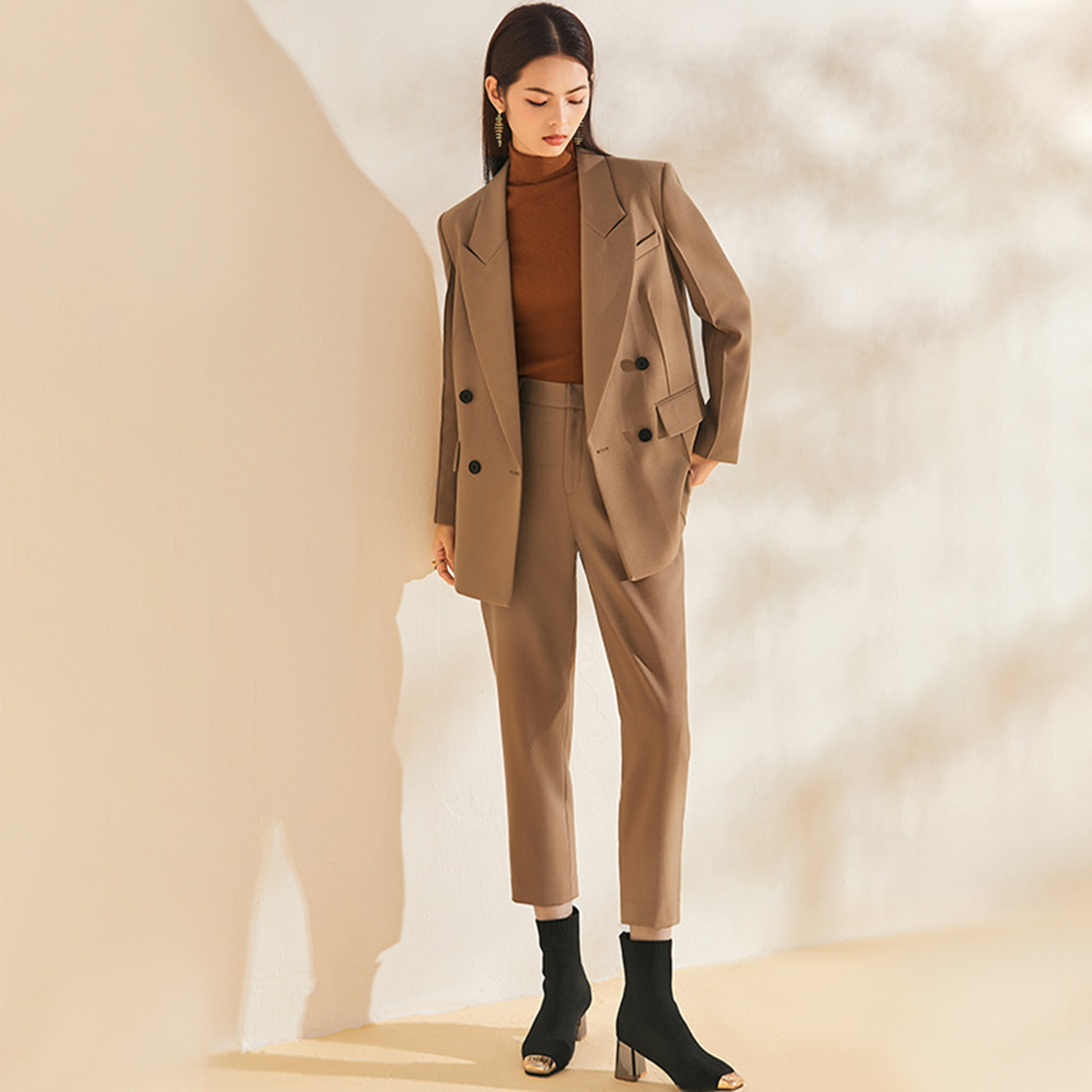 Double Breasted Blazer - アリンジェントル レディース スーツ スリムフィット ビジネスパンツスーツ 2ピーススーツ