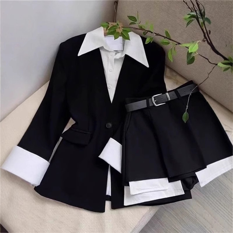 Double Breasted Blazer - 女性ツーピーススカートセットパッチワークブレザーボタン長袖ジャケットハイウエストミニスカートスーツエレガントなオフィスレディ春