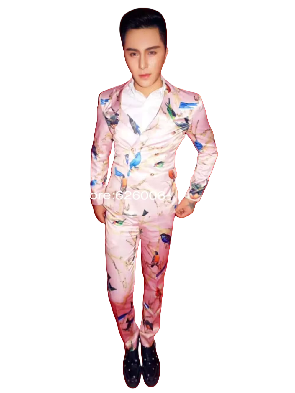 Men Formal Party Wear Dress - メンズファッションフラワーピンク鳥プリントスーツ衣装ナイトクラブ男性 DJ 歌手ステージウェアパーティーフォーマルドレス