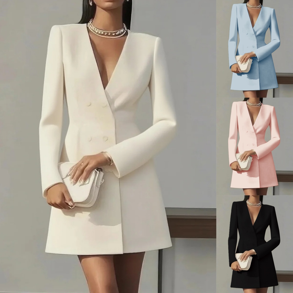 Double Breasted Blazer - 2026年アマゾン人気商品 海外貿易 長袖ダブルブレスト無地ネックブレザーフレンチドレス