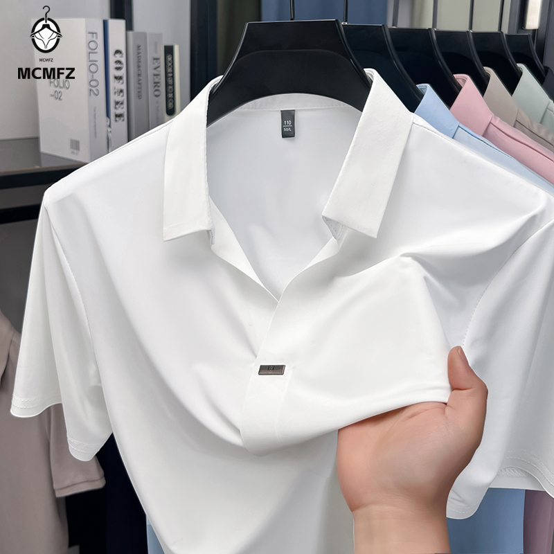 Men Formal Wear Summer - シンプルな隠しボタン付きメンズフラットラペルシャツ、シングルメタルディテール、クールストレッチ、防しわ加工、夏用フォーマル、普段着