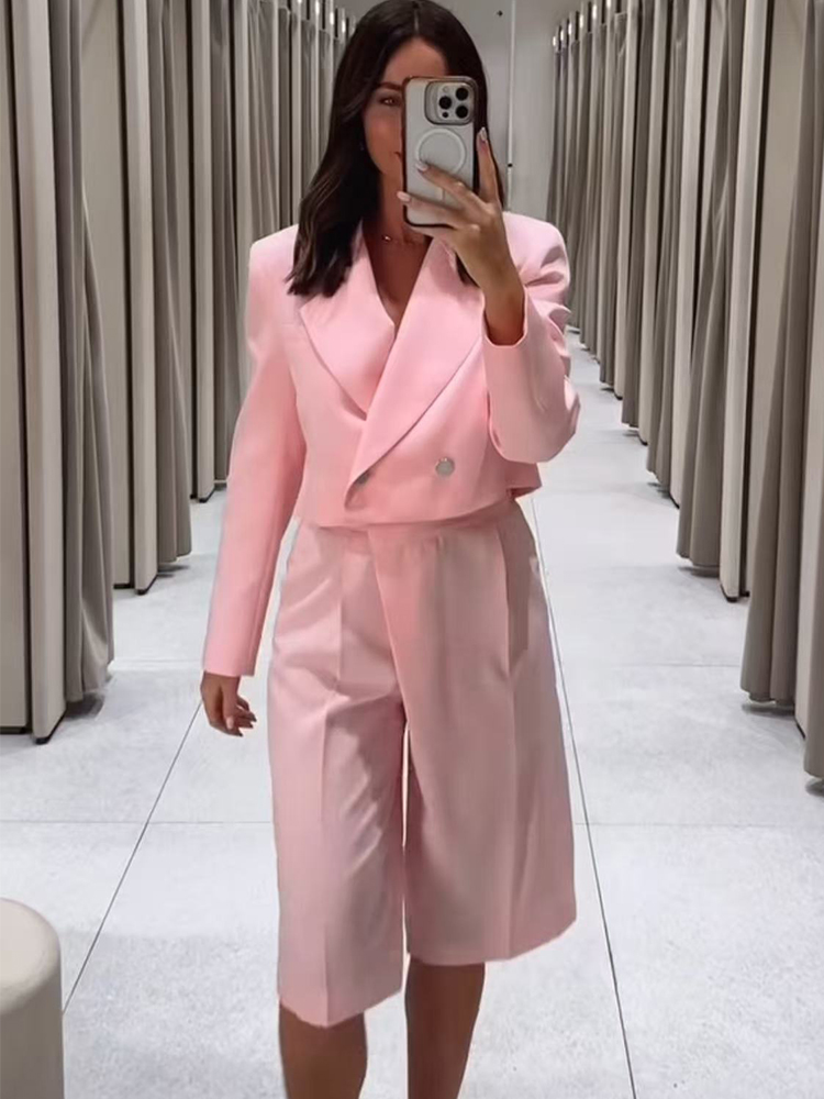 Double Breasted Blazer - エレガントな女性のブレザーズボンスーツピンク長袖ダブルブレストショートトップハーフストレートパンツセット夏のシックな女性の服装