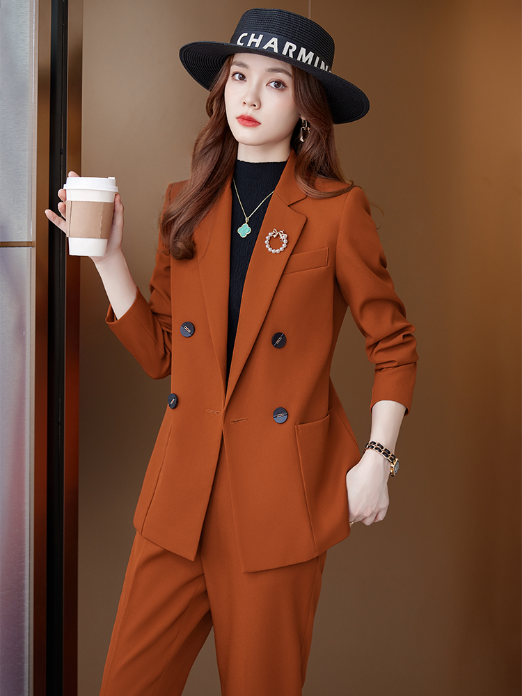 Men'S Formal Wear In Winter - レディース2ピースビジネススーツセット、ポケット付きダブルブレストブレザー＆ハイウエスト仕立てトラウザーズ、フォーマルオフィスワークウェア