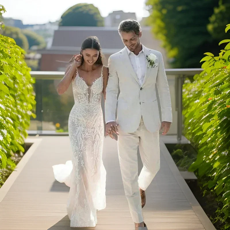 Men Formal Wear Summer - メンズスリムフィットフォーマルウェディングタキシード、パンツ付き新郎用ジャケット、サマービーチスーツ、リネン、2個