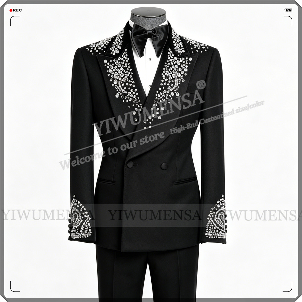 Men Formal Party Wear Outfit - 高級結婚式のスーツ男性用ラインストーンビーズジャケットパンツ 2 ピース新郎フォーマルパーティータキシード服装カスタマイズされた男性の衣装