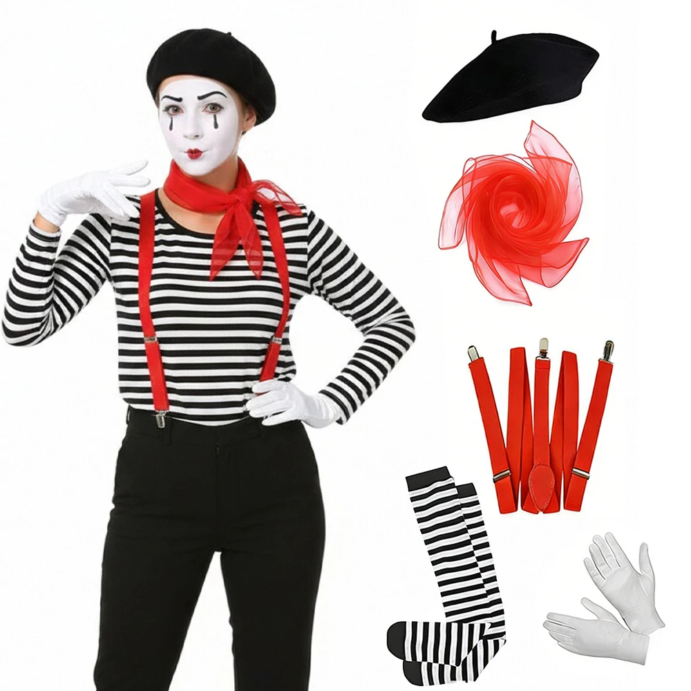 Formal Wear Gloves Men - 4 個男性女性マイム衣装ハロウィンアクセサリーセット大人のフランスアーティストベレー帽手袋サスペンダースカーフドレスアップスーツ