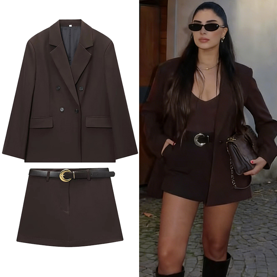 Double Breasted Blazer - ZOCI 女性オフィスチョコレートブラウンスーツ女性 V ネックダブルボタンブレザーベルトミニショートパンツスカートファッションヴィンテージ女性セット