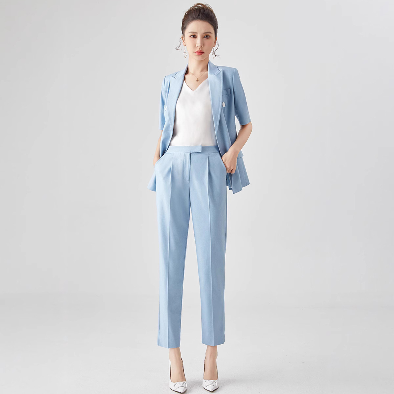 Double Breasted Blazer - アリンジェントル レディーススーツ スリムフィット ビジネスパンツスーツ 2ピーススーツ ブレザー