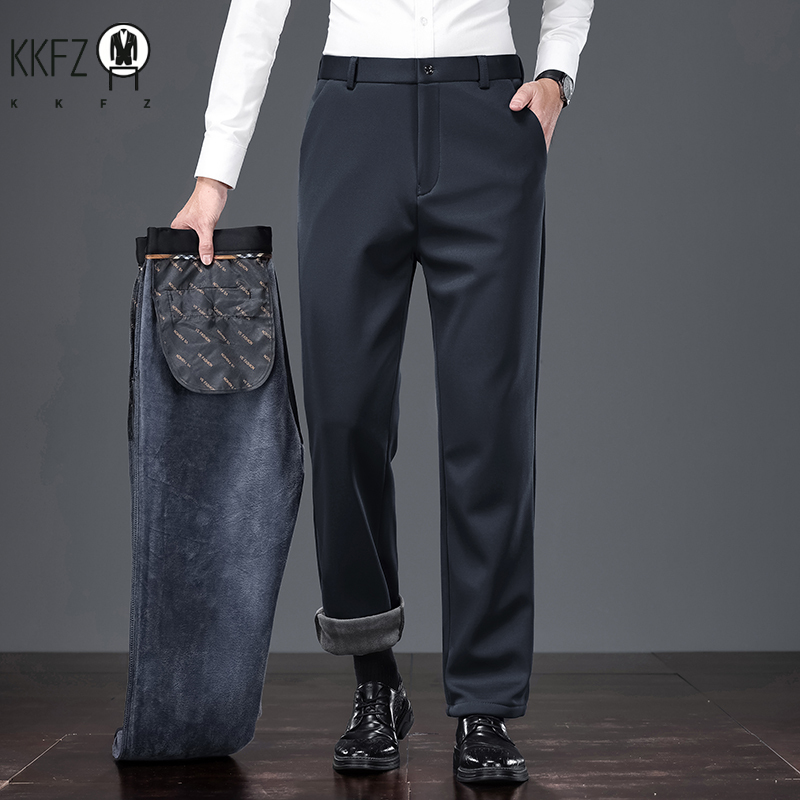 Men'S Formal Wear In Winter - スリムで暖かい男性用フォーマルスーツスラックス、耐摩耗性、厚いプラッシュ裏地、伸縮性のあるカット、ビジネス旅行用多用途ロングパンツ