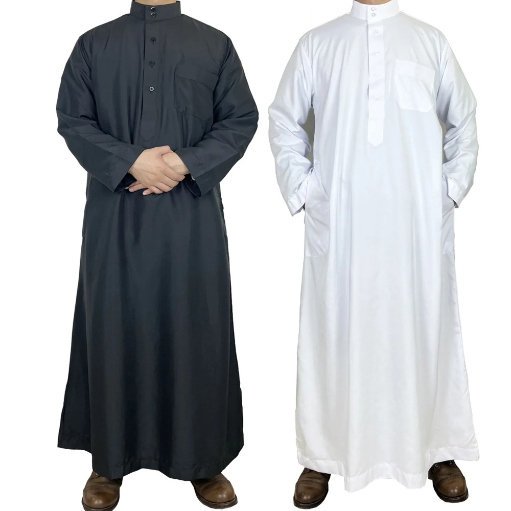 Men Formal Wear Dubai - メンズポリエステルカタールトーブ、スタンドカラー、ポケット付きアラビックロングローブ、伝統的な中東ドバイスタイル、カジュアルフォーマルウェアに最適