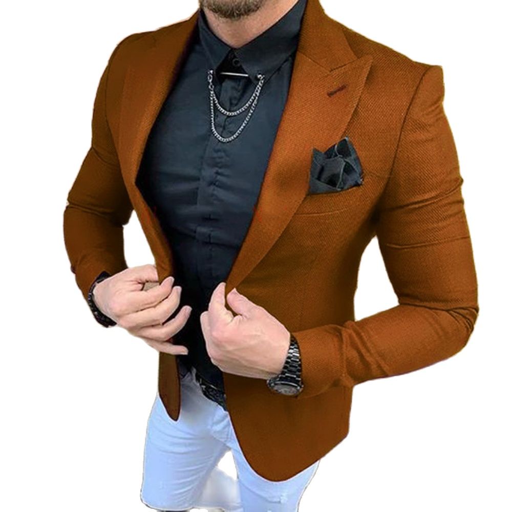 Men Formal Party Wear Dress - メンズスーツ 2 個服テーラードスリムフィットイブニングパーティーウェアブラウンブレザー白ズボン結婚式新郎タキシードジャケットパンツ