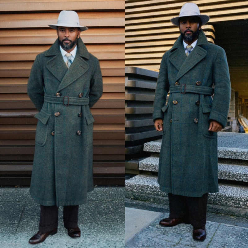 Men'S Formal Wear In Winter - 優雅なメンズオーバーコート 1ピース ダブルブレスト ピークドラペル ベルト付きコート アウターウェア