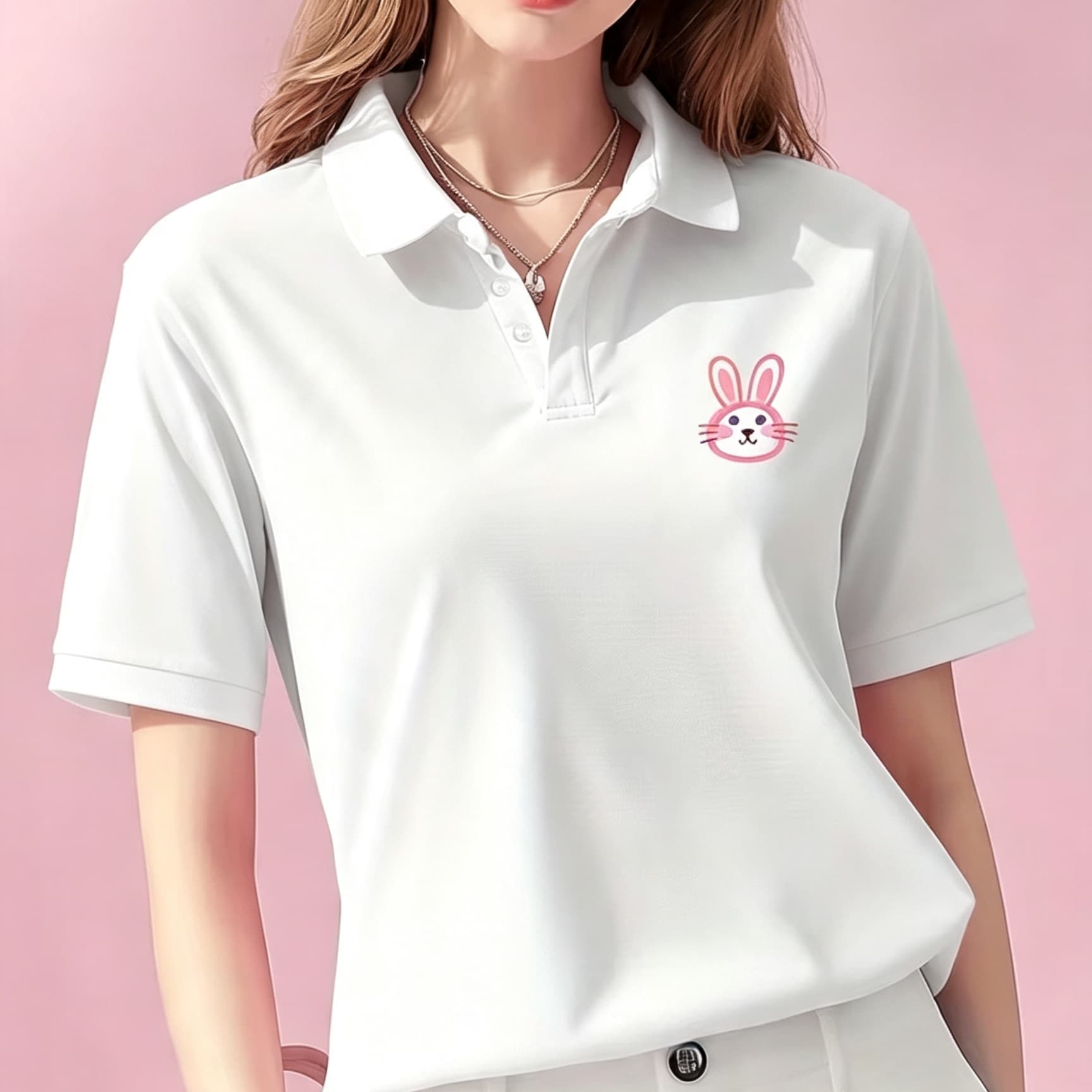 Men Formal Wear Summer - ユニセックス ブラック ラペルカラー ポロシャツ キュートなピンクの輪郭線ウサギ柄 グラフィック