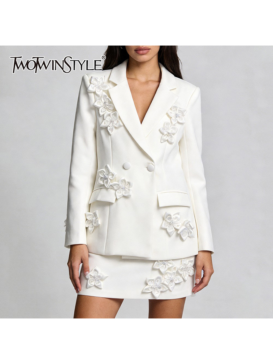 Double Breasted Blazer - TWOTWINSTYLE ソリッドスプライス 3D フラワーツーピースセット女性用ラペル長袖ブレザーハイウエストスカートミニマリストセット女性