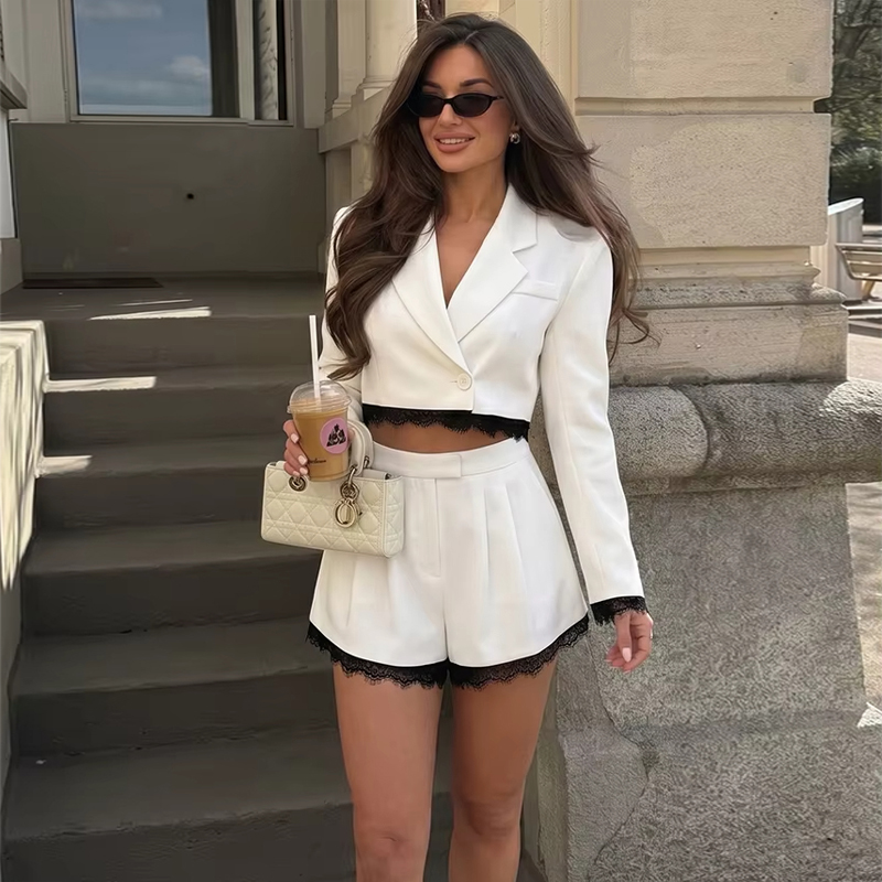 レディースレースバミューダショーツセット、女性用2ピースサマ - Double Breasted Blazer のレビューと価格