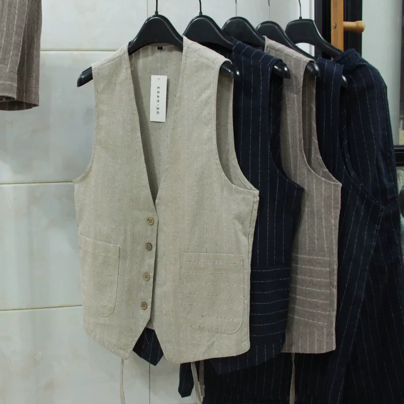 英国風カジュアルリネンベスト メンズ スリムフィット ビジネ - Men Formal Wear Summer のレビューと価格