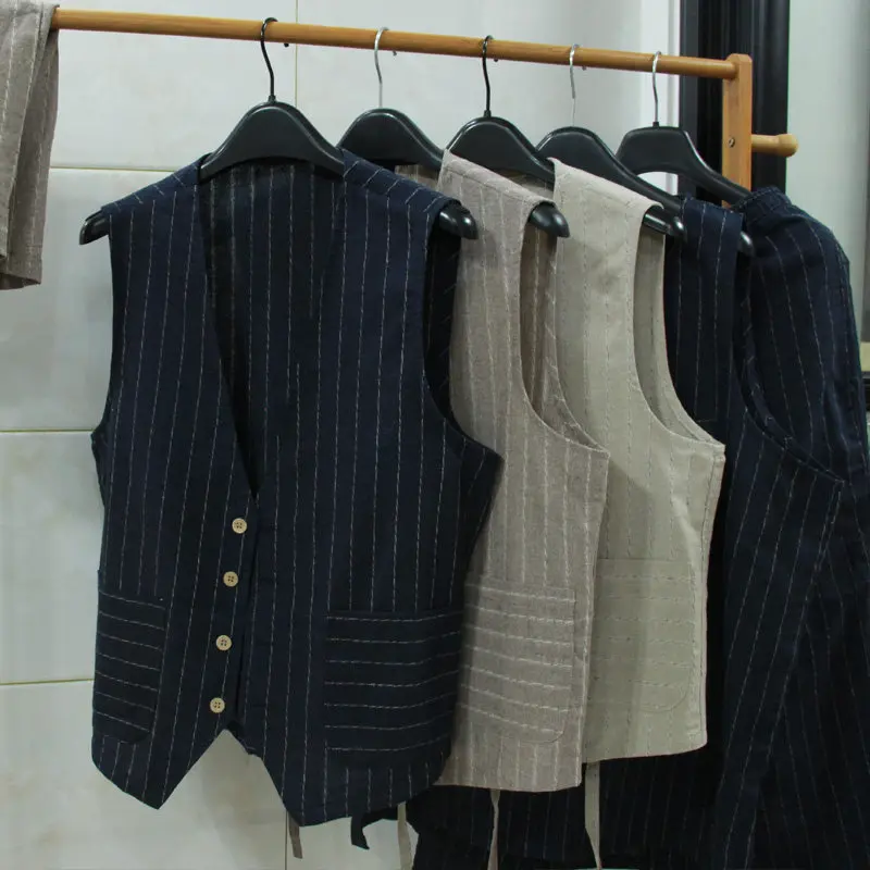 英国風カジュアルリネンベスト メンズ スリムフィット ビジネ - Men Formal Wear Summer のレビューと価格