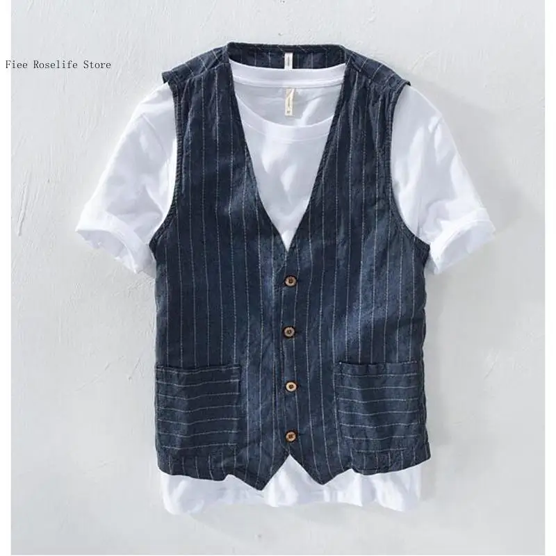 英国風カジュアルリネンベスト メンズ スリムフィット ビジネ - Men Formal Wear Summer のレビューと価格