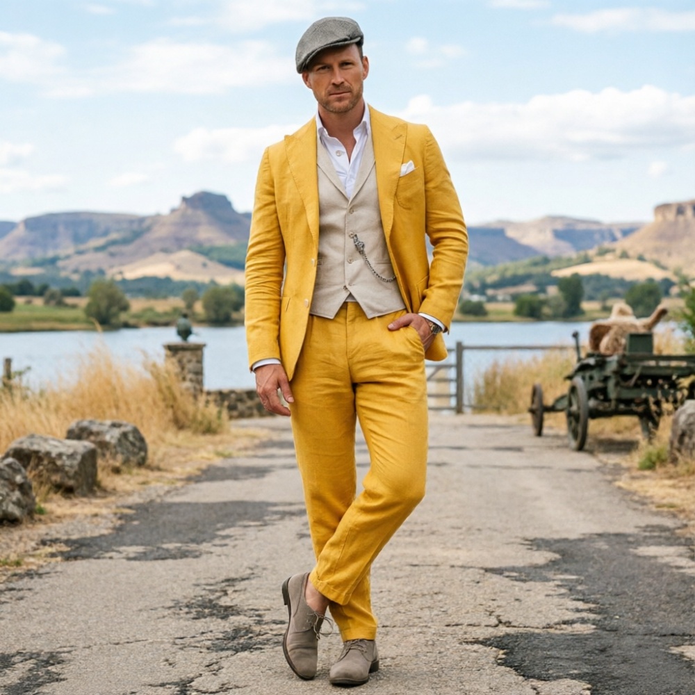セージグリーンのリネンメンズ3ピーススーツ、通気性のあるスリ - Men Formal Party Wear Outfit のレビューと価格