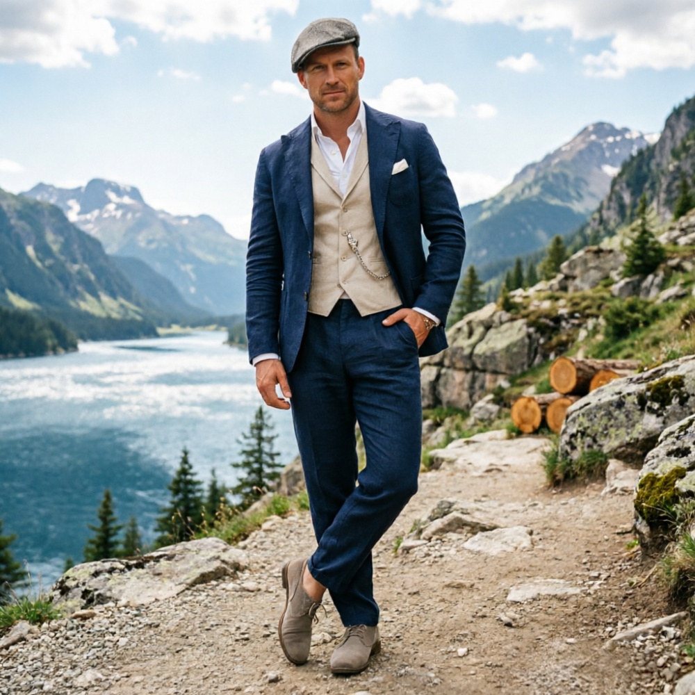 セージグリーンのリネンメンズ3ピーススーツ、通気性のあるスリ - Men Formal Party Wear Outfit のレビューと価格