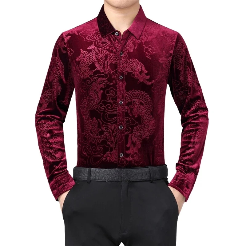 メンズ長袖シャツ 中国龍柄 伝統的なオリエンタルスタイル カ - Men Formal Party Wear Dress のレビューと価格