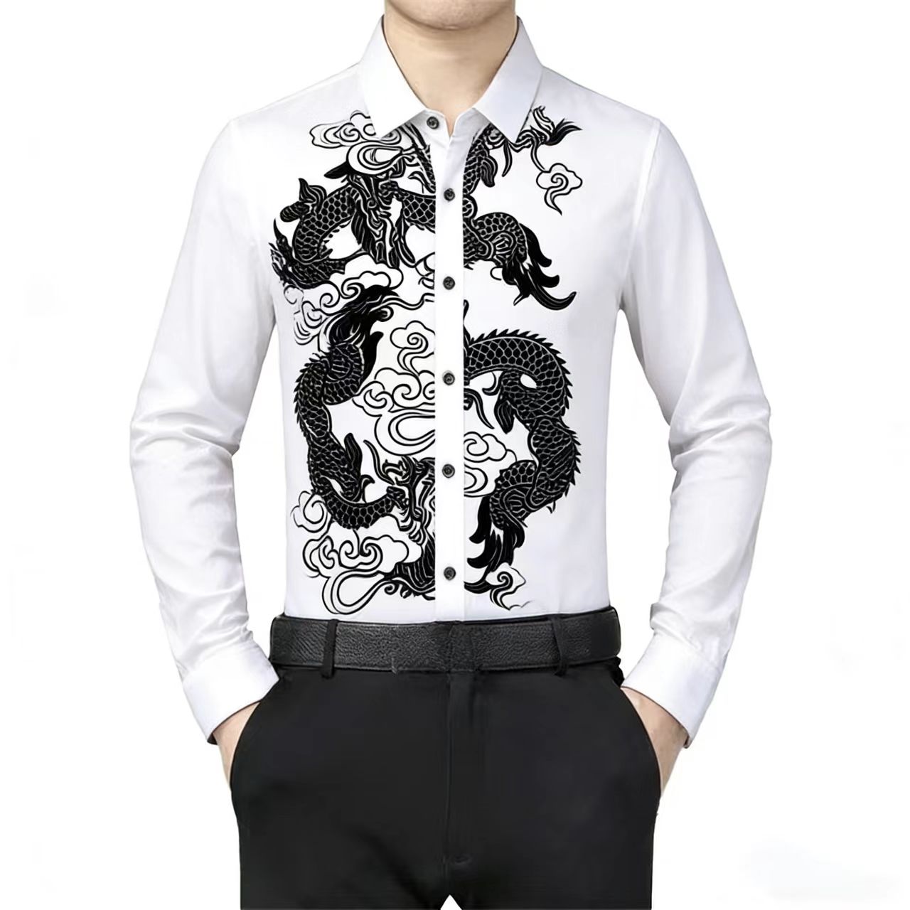 メンズ長袖シャツ 中国龍柄 伝統的なオリエンタルスタイル カ - Men Formal Party Wear Dress のレビューと価格