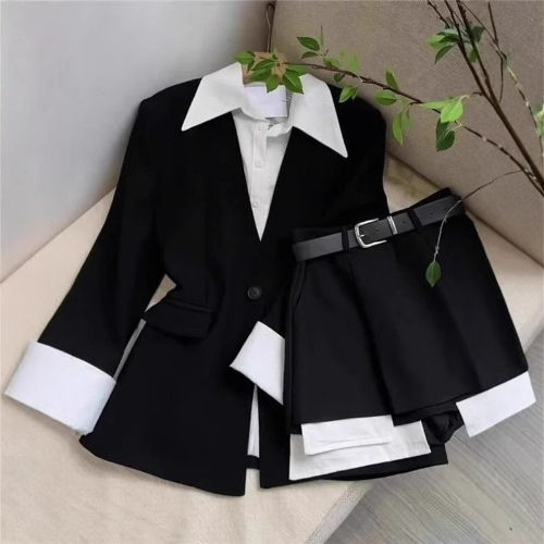 女性ツーピーススカートセットパッチワークブレザーボタン長袖ジ - Double Breasted Blazer のレビューと価格