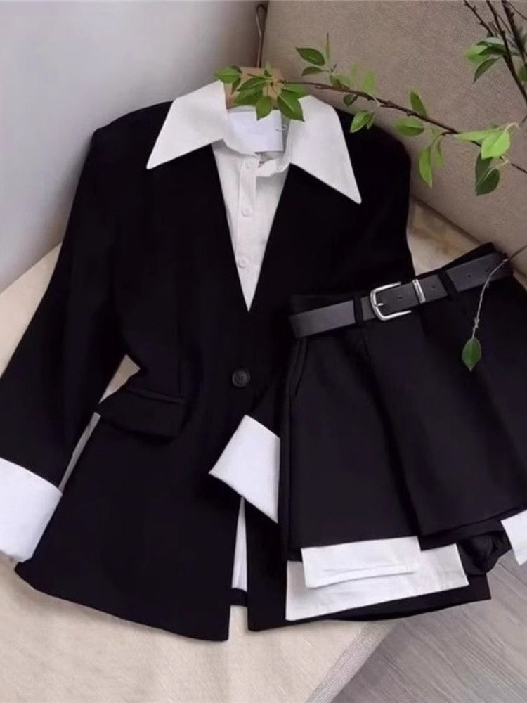 女性ツーピーススカートセットパッチワークブレザーボタン長袖ジ - Double Breasted Blazer のレビューと価格