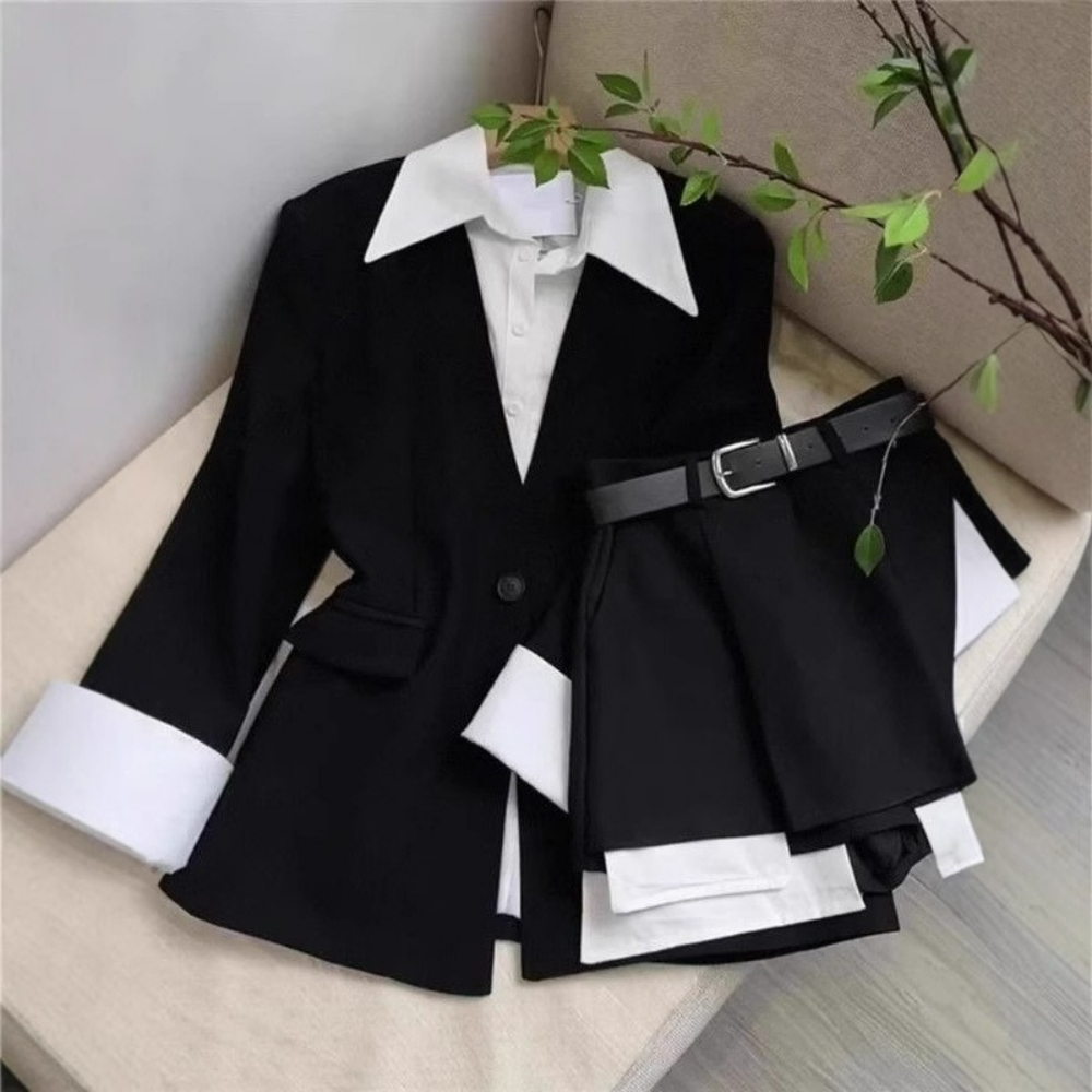 女性ツーピーススカートセットパッチワークブレザーボタン長袖ジ - Double Breasted Blazer のレビューと価格