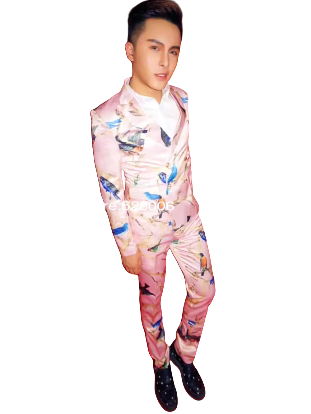 メンズファッションフラワーピンク鳥プリントスーツ衣装ナイトク - Men Formal Party Wear Dress のレビューと価格