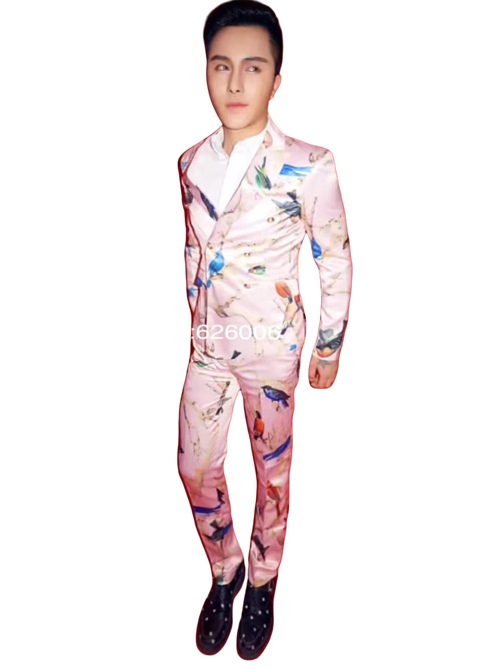 メンズファッションフラワーピンク鳥プリントスーツ衣装ナイトク - Men Formal Party Wear Dress のレビューと価格