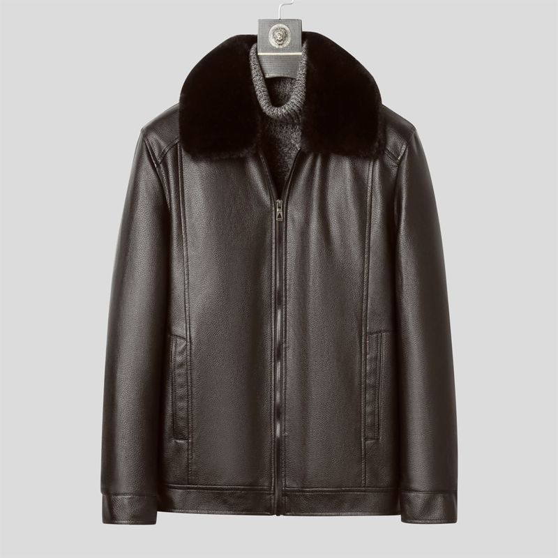 メンズウィンターレザーコート 暖かいフェイクファー裏地付き  - Men'S Formal Wear In Winter のレビューと価格