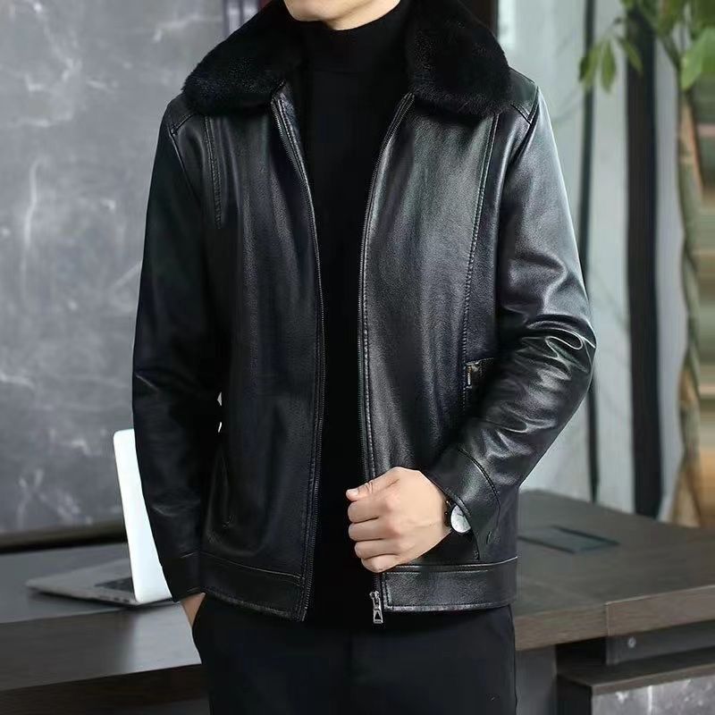 メンズウィンターレザーコート 暖かいフェイクファー裏地付き  - Men'S Formal Wear In Winter のレビューと価格