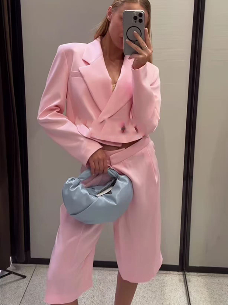 エレガントな女性のブレザーズボンスーツピンク長袖ダブルブレス - Double Breasted Blazer のレビューと価格