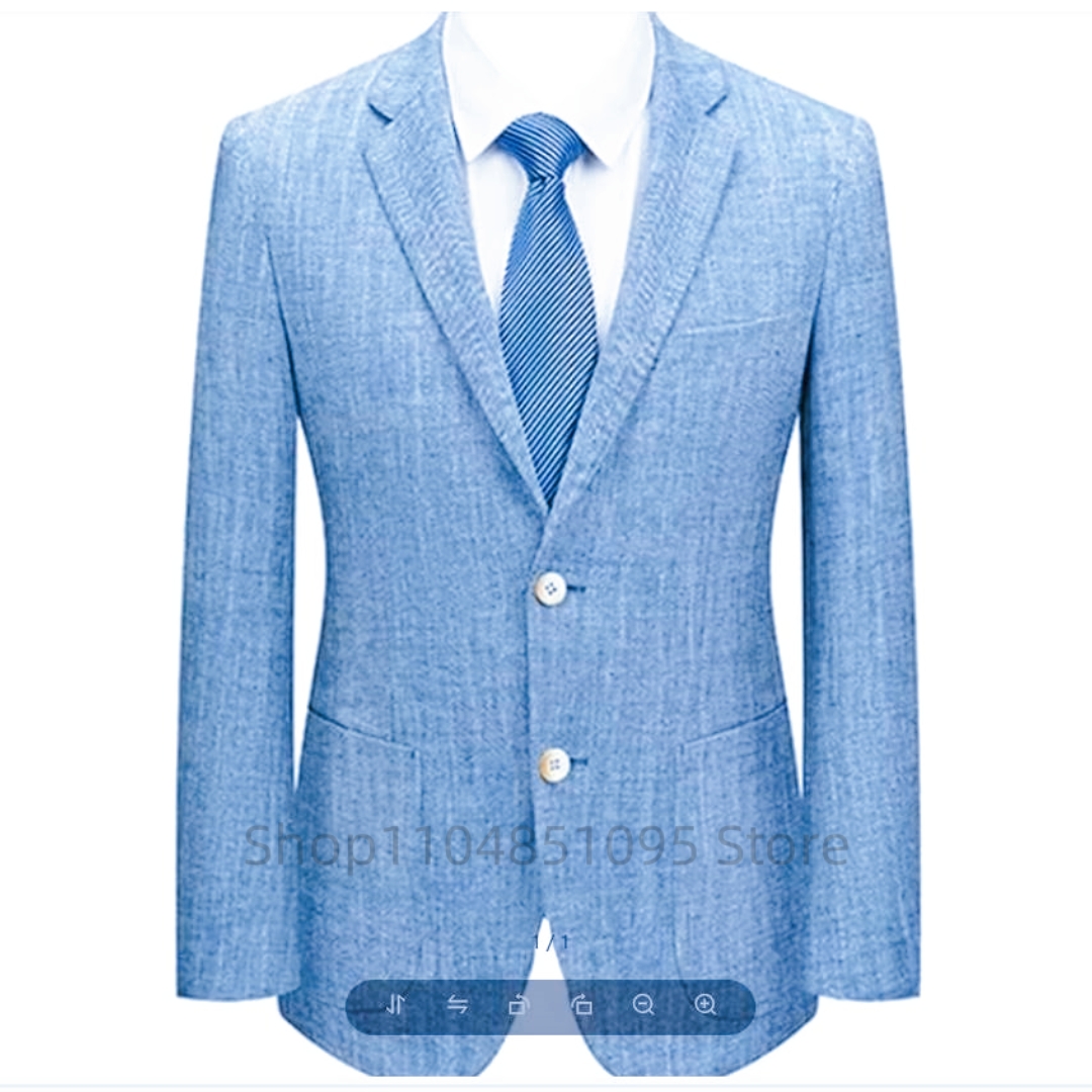 メンズスリムフィットリネンスーツブレザー ベージュ/ブルー  - Men Formal Wear Summer のレビューと価格