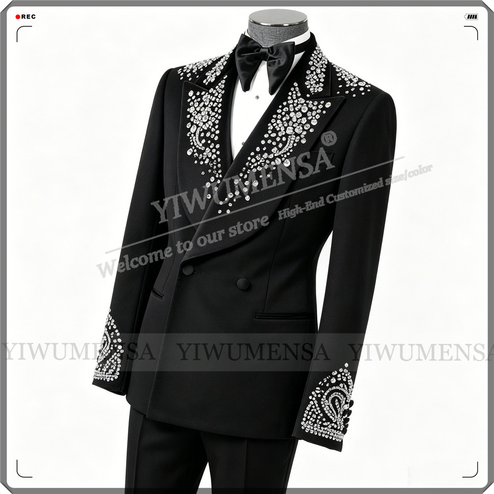高級結婚式のスーツ男性用ラインストーンビーズジャケットパンツ - Men Formal Party Wear Outfit のレビューと価格