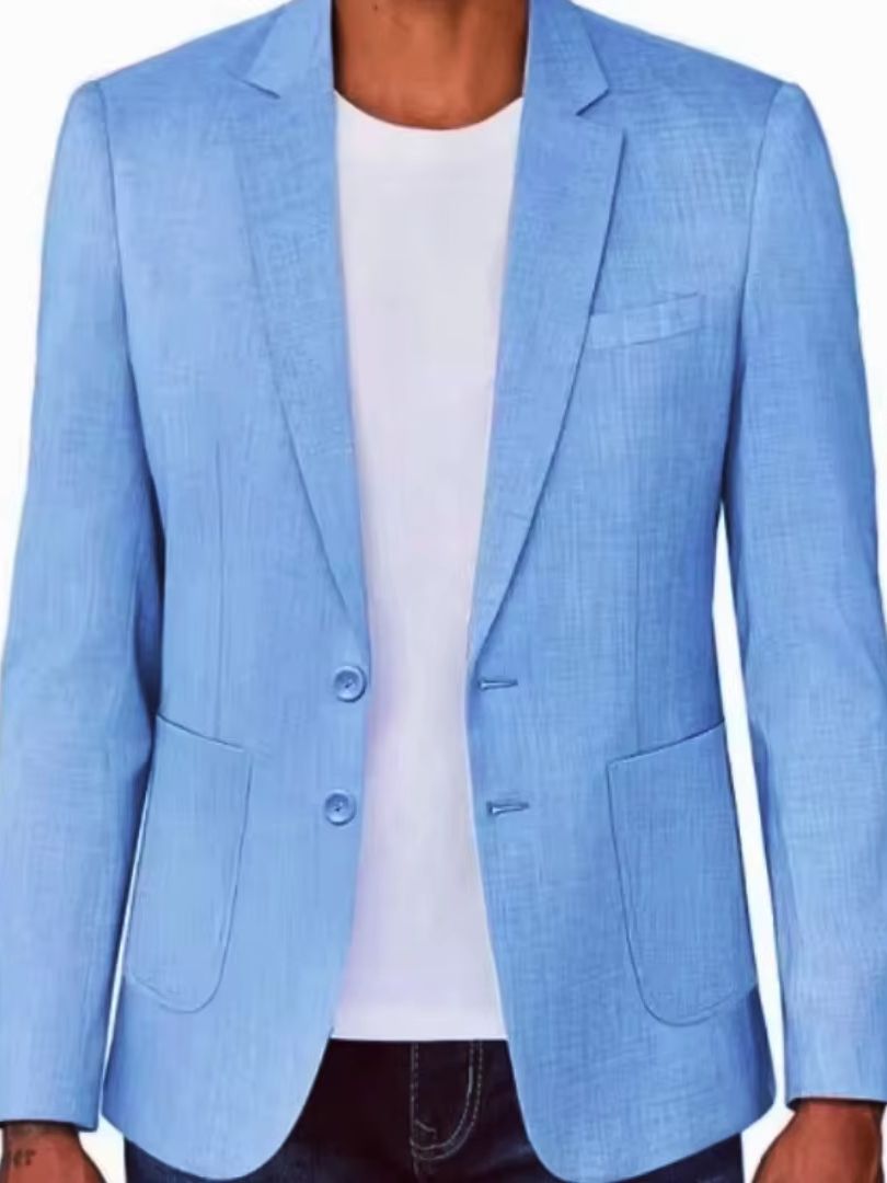 スリムフィットメンズベージュ/ブルーリネンブレザーカジュアル - Men Formal Wear Summer のレビューと価格