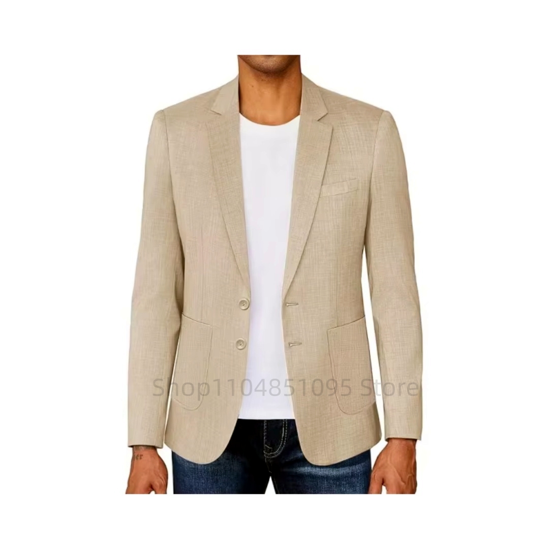 スリムフィットメンズベージュ/ブルーリネンブレザーカジュアル - Men Formal Wear Summer のレビューと価格