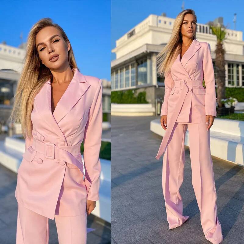 レディースピンクスーツ 2 ピースビジネス女性パンツベルトブ - Double Breasted Blazer のレビューと価格